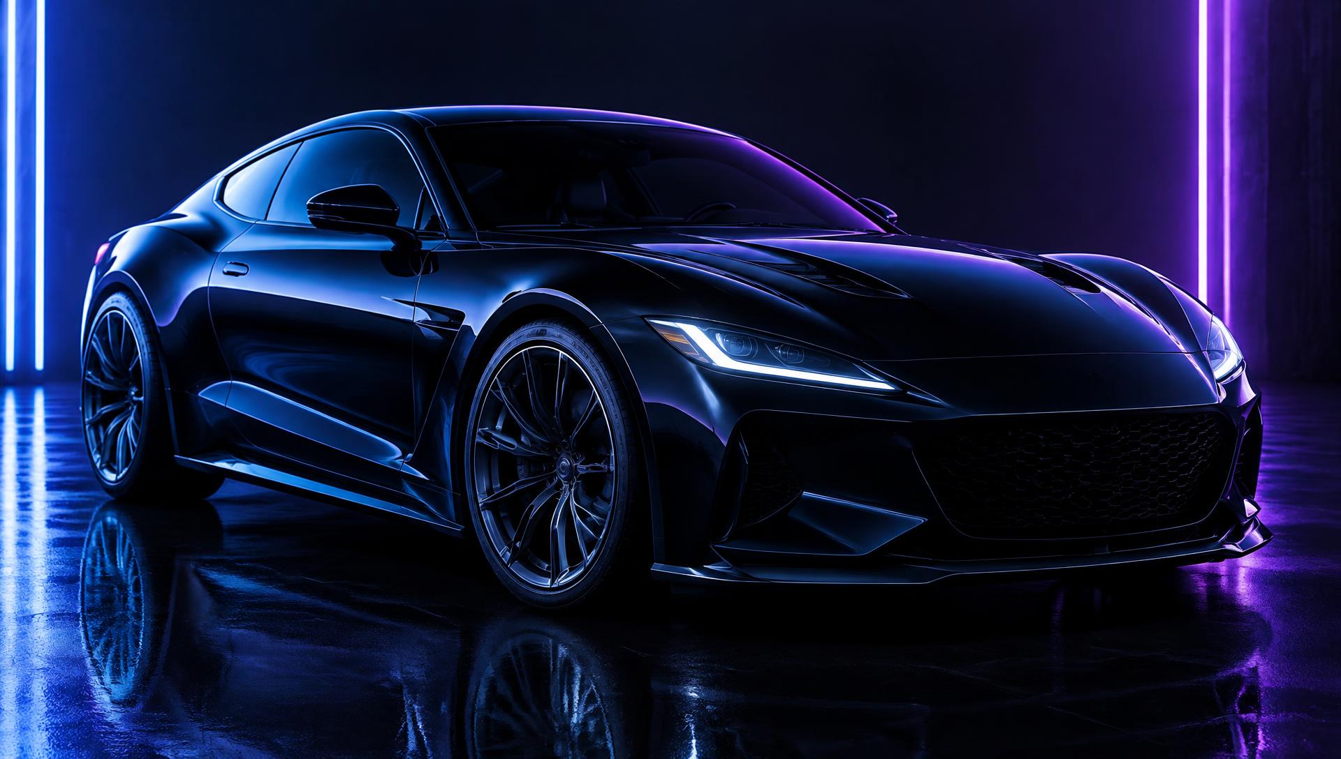 Sleek dark sports coupe lit by blue and violet light